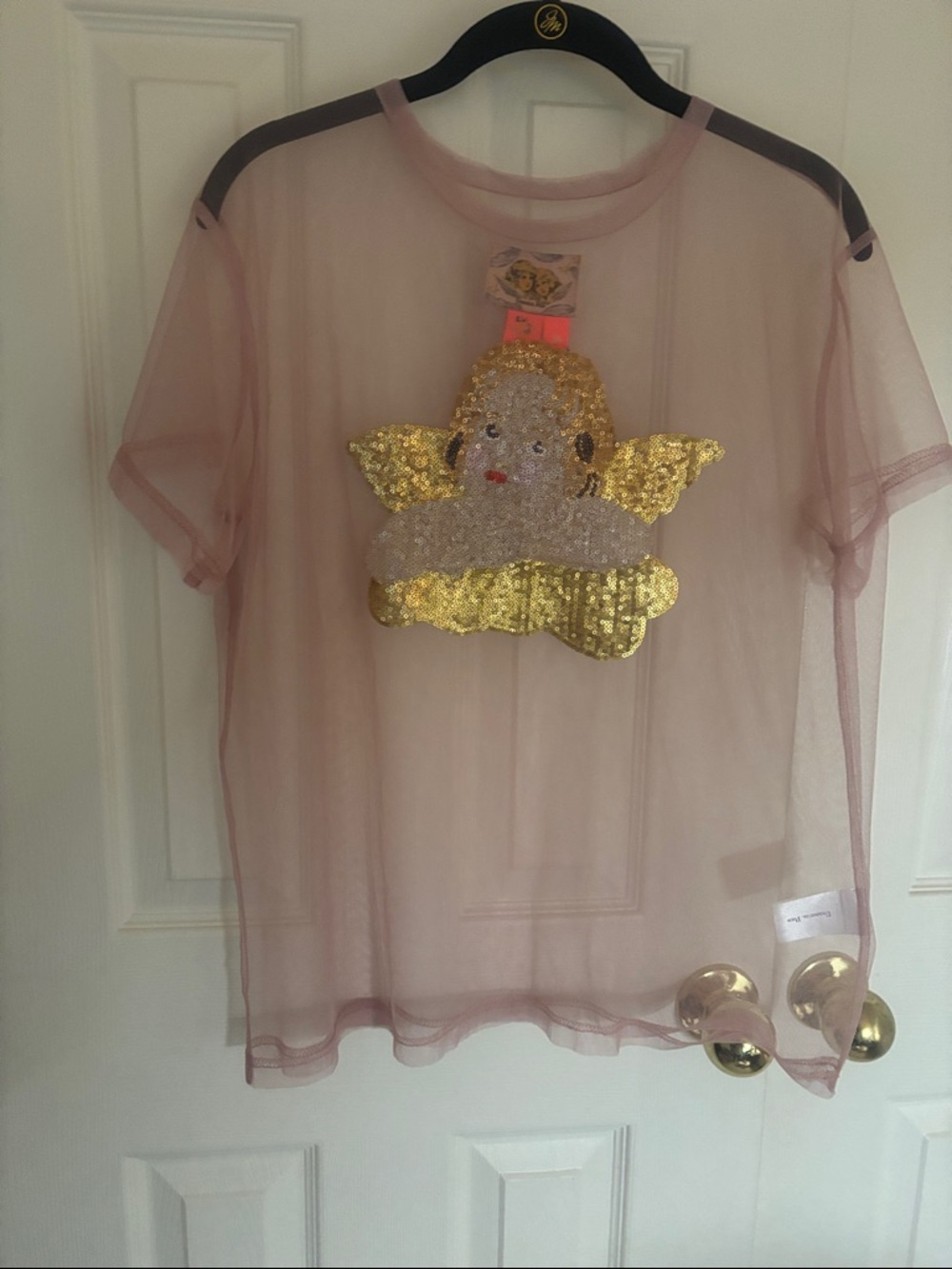 Sheer Mauve Pink Sequin Angel Patch Top NWT by Unlogical Poem - Picture 4 of 8